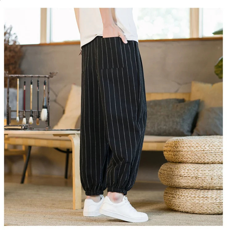 Japanese style striped summer cotton linen harem pants mens street clothing breathable beach pants mens casual calf pants 250327