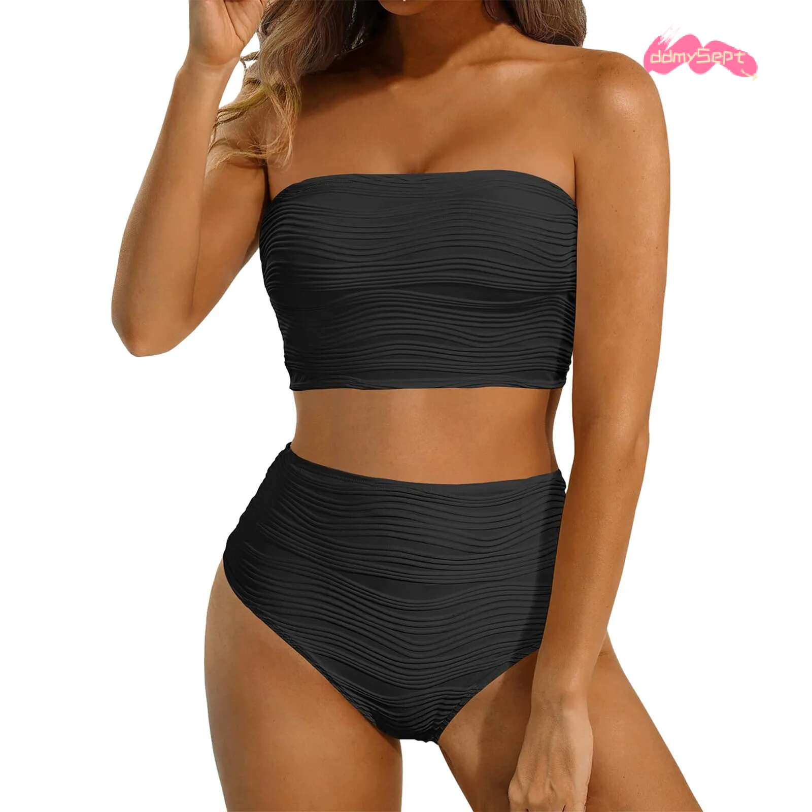 Strapless Solid Tankinis Set Ribbed Beachwear High Waist Bikini Swimsuits Bather Bathing Swimwear Women 2025 ddmySept