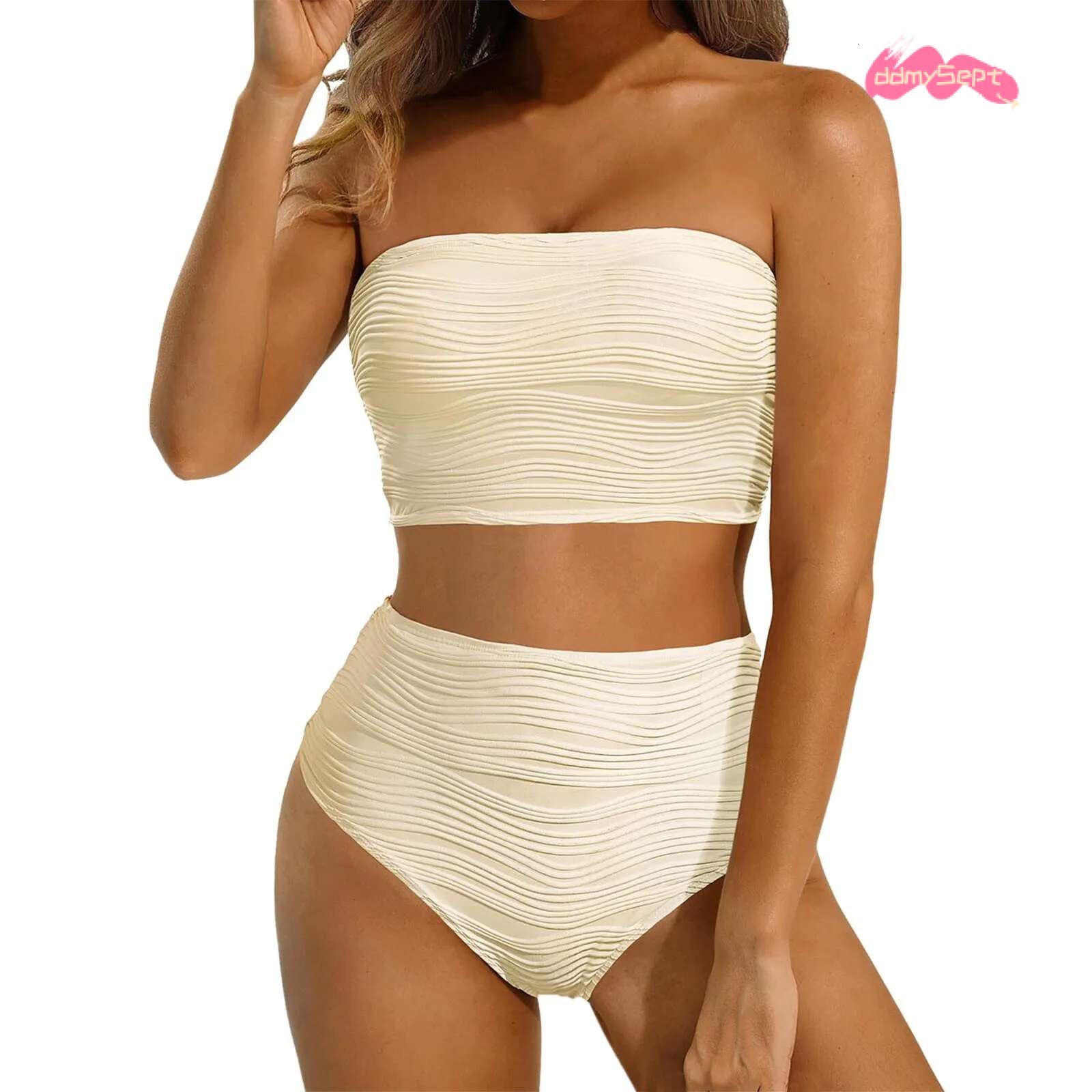 Strapless Solid Tankinis Set Ribbed Beachwear High Waist Bikini Swimsuits Bather Bathing Swimwear Women 2025 ddmySept