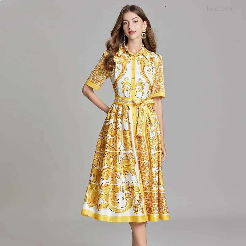 Summer Holiday Yellow Paisley Print Shirt Dresses Womens Turn Down Neck Short Sleeve Belt High Waist Beach Party Vestidos 240819