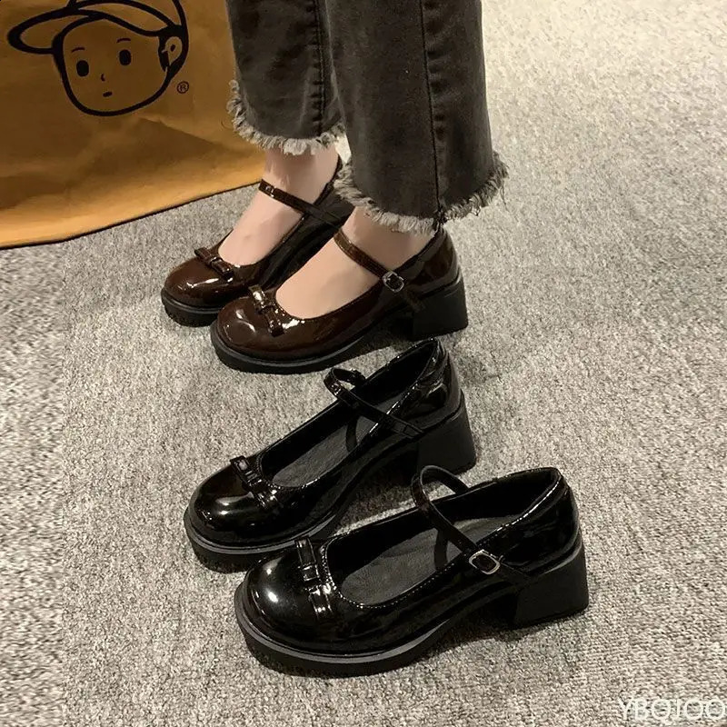 Womens Bow Versatile High Heels Mary Jane Thick soled Leather Shoes Fashionable Elegant Shoes Fashionable Womens Pump Zapatos Mujer 250326