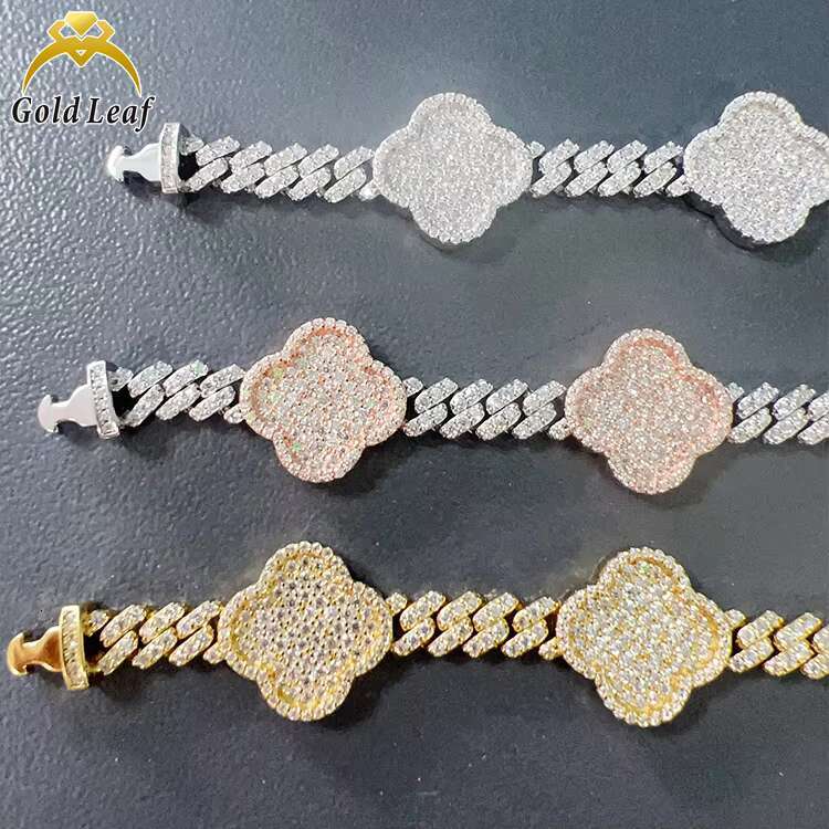 Luxury Moissanite Chain Bracelet Hot New Hip Hop Style Iced out Lucky Flower Cuban Link Gold Bracelet