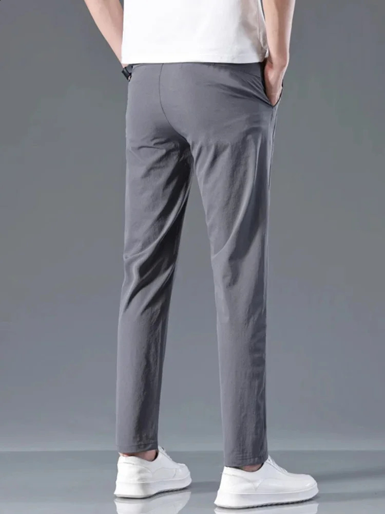 Mens casual pants semi elastic waistband nylon ice silk elastic straight tube light gray business gentleman summer casual 250409