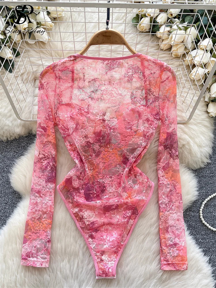 SINGREINY Sexy Sheer Mesh Rompers Summer Long Sleeves Corset Skinny Floral Jumpsuits Fashion Streetwear Women Bodysuits 250328