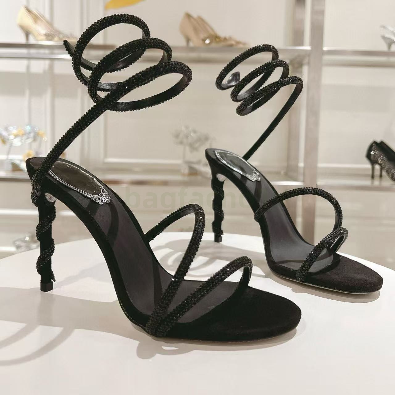 Crystals Embellished rhinestone Heels sandals 95mm Snake Strass stiletto Heels Designers Ankle Wraparound women high heeled sandal flower Evening shoes 34-43 bag