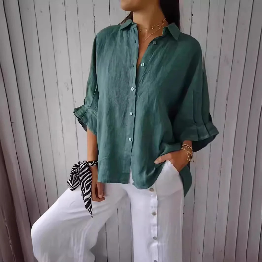 Summer Casual Cotton Linen Button Shirt Women Fashion Loose Solid Lapel Cotton Office Linen Shirt Women Top Retro 2025 White 250327