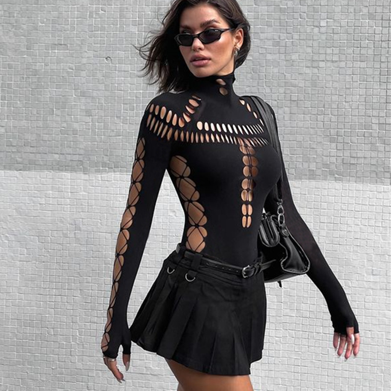 Womens Jumpsuits Sexy Hollow Out High Collar Bodysuit Bodycon Y2K Long Sleeves Fashion T Shirts Women Gothic Punk Streetwear Bodysuits