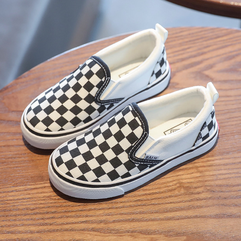 2025 Kid Canvas Shoes White and Black Plaid Checkered Casual Sneakers Toddler Soft Sole Fashion Shoes for Boys Girls Size US4c-US4y H0181