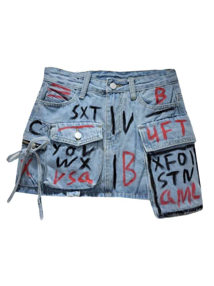 Trendy Vintage Women's Print Letter Pocket Mini Denim Skirts Spring Fashion New Items High Waist Skirt Female