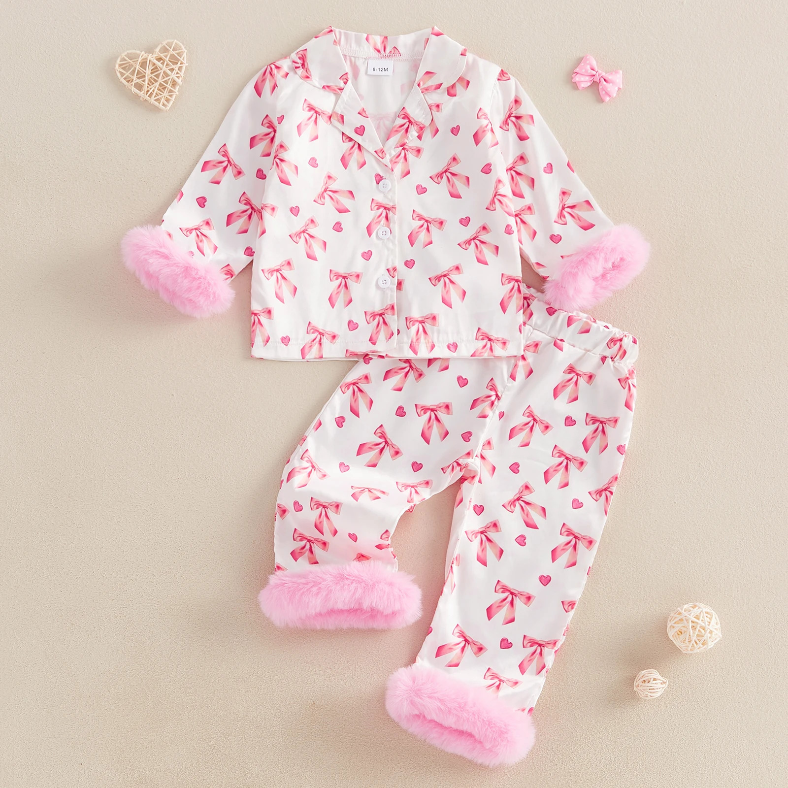 MISOWMNJOY Cute Satin Slik Toddler Baby Girl Sleepwear Children Pajamas Sets Bow Print Plush Laple Long Sleeve Tops Pants Suit 250328