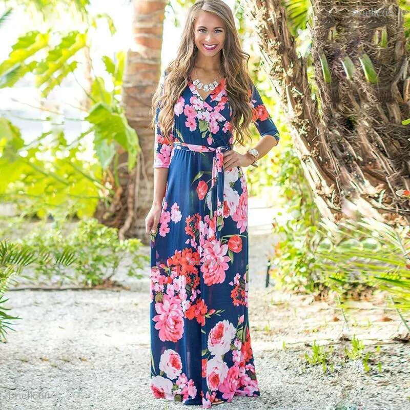 Fashion-2019 New Fashion Women Long Sleeve Dress Vintage Flower Print Party Club Bohemia V-neck Sexy Maxi Dress Black Casual Dresses