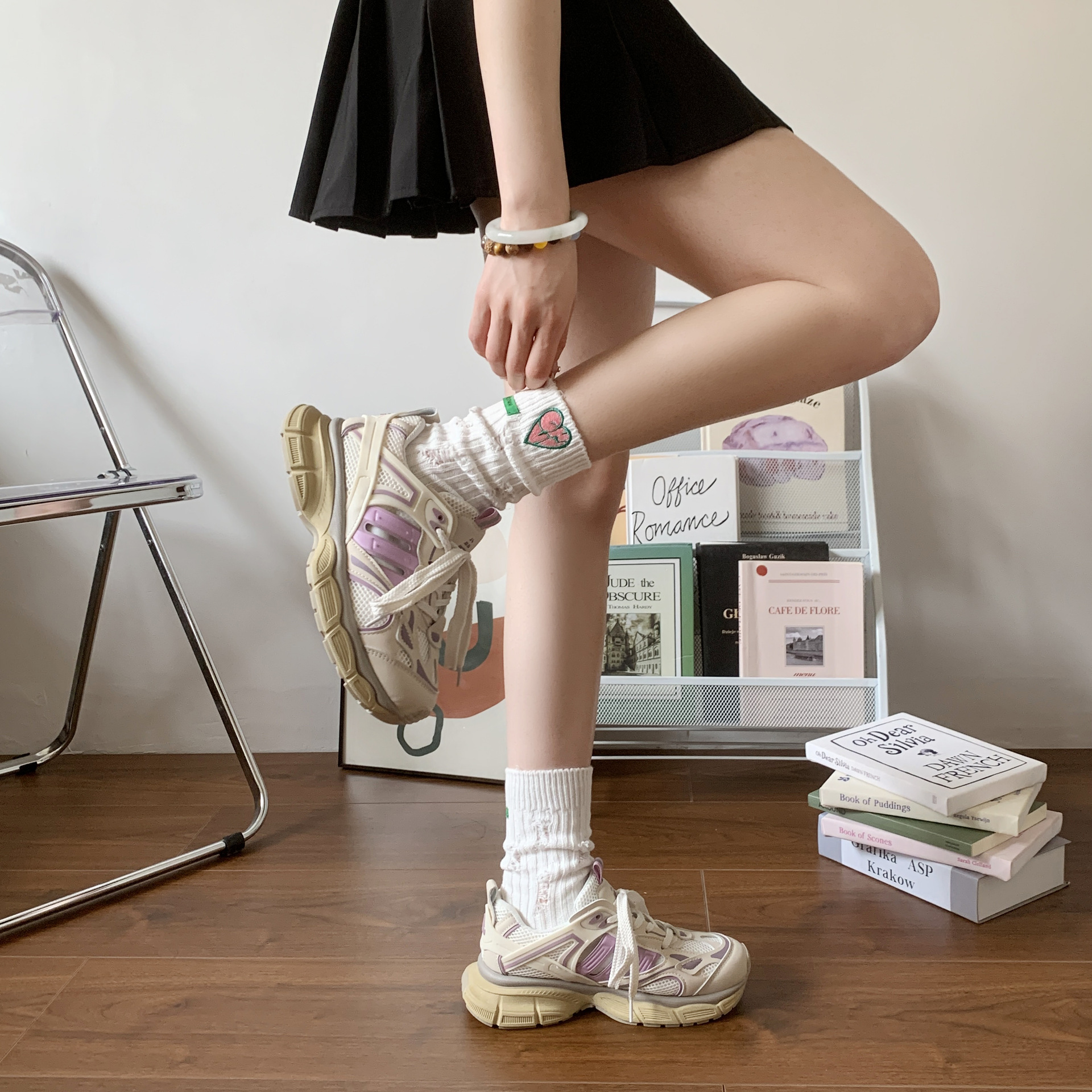 Women's white thick-soled dad shoes new style for 2025 summer mesh lightweight sports shoes