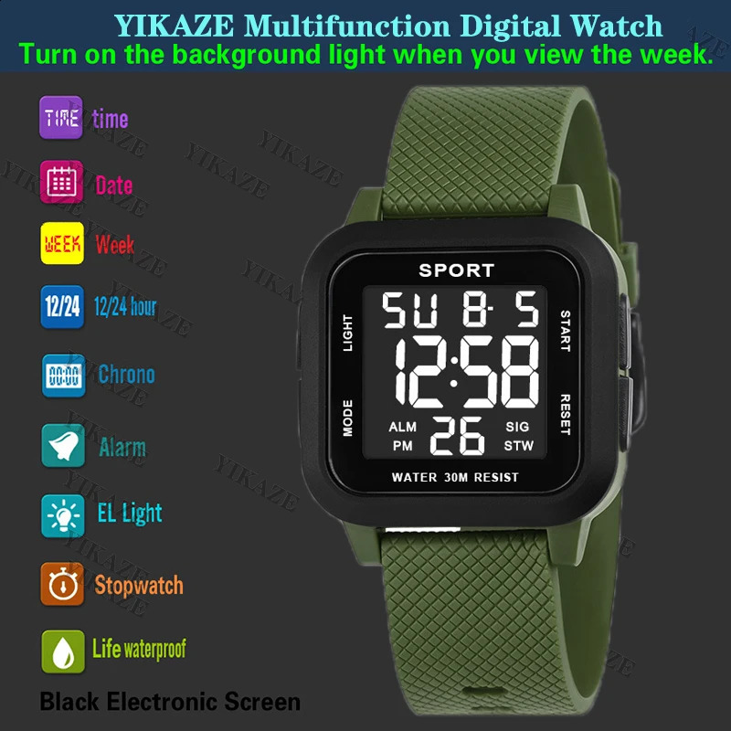 YIKAZE Black Sports Watch Mens Digital Watch Alarm Chrono Clock 3Bar Waterproof Military Men Watches LED Electronic Wristwatch 250328