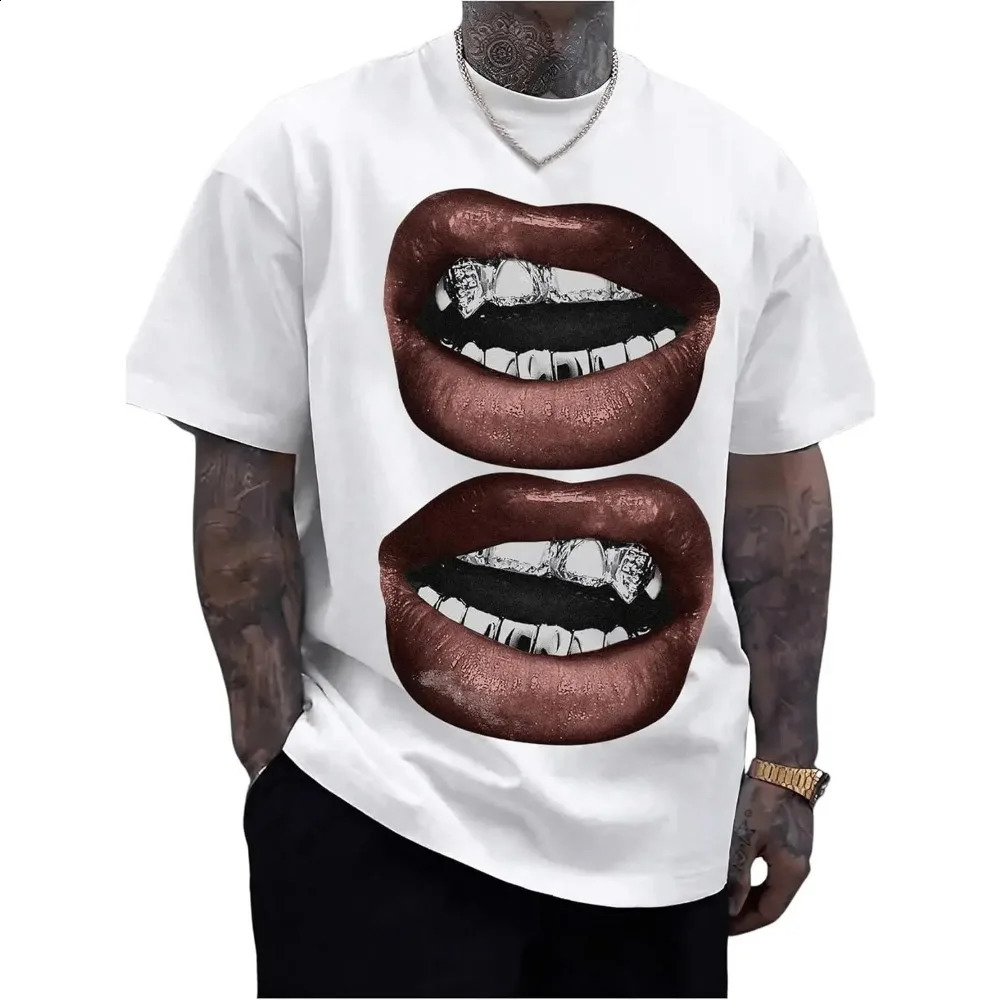 Mens Graphic Tee with Lip Pattern Stylish Short Sleeve Crewneck T-Shirt for Streetwear Enthusiasts men clothing shirts 250327