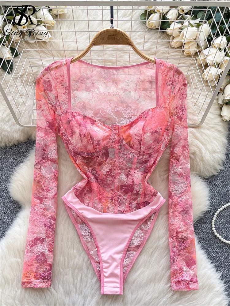 SINGREINY Sexy Sheer Mesh Rompers Summer Long Sleeves Corset Skinny Floral Jumpsuits Fashion Streetwear Women Bodysuits 250328