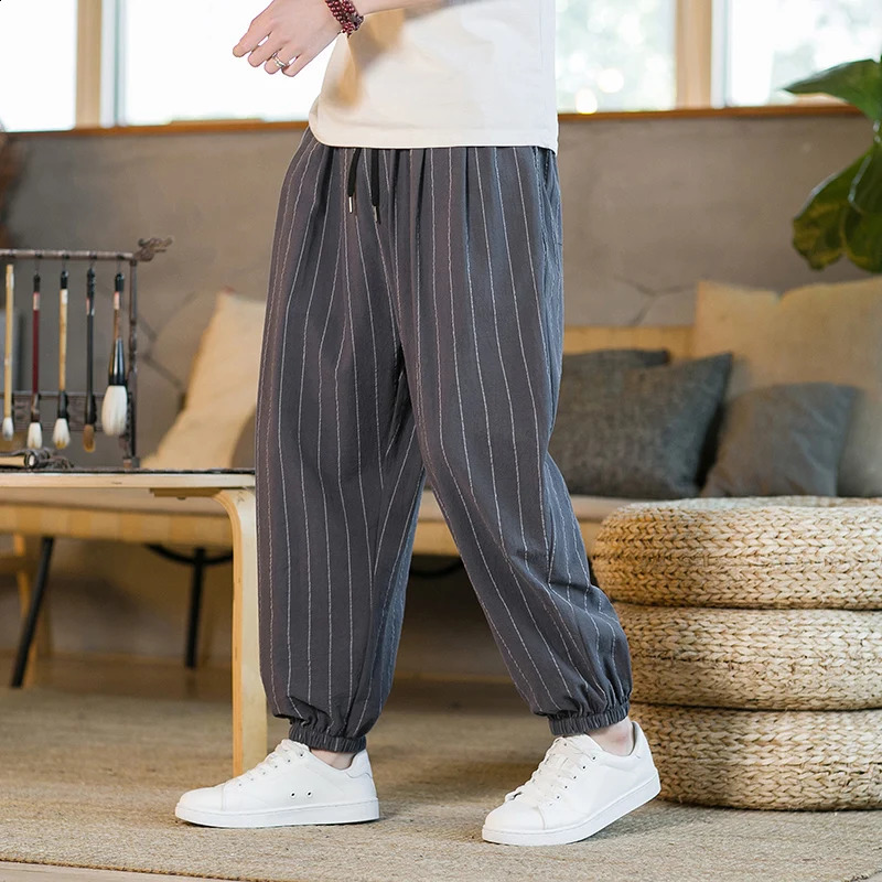 Japanese style striped summer cotton linen harem pants mens street clothing breathable beach pants mens casual calf pants 250327