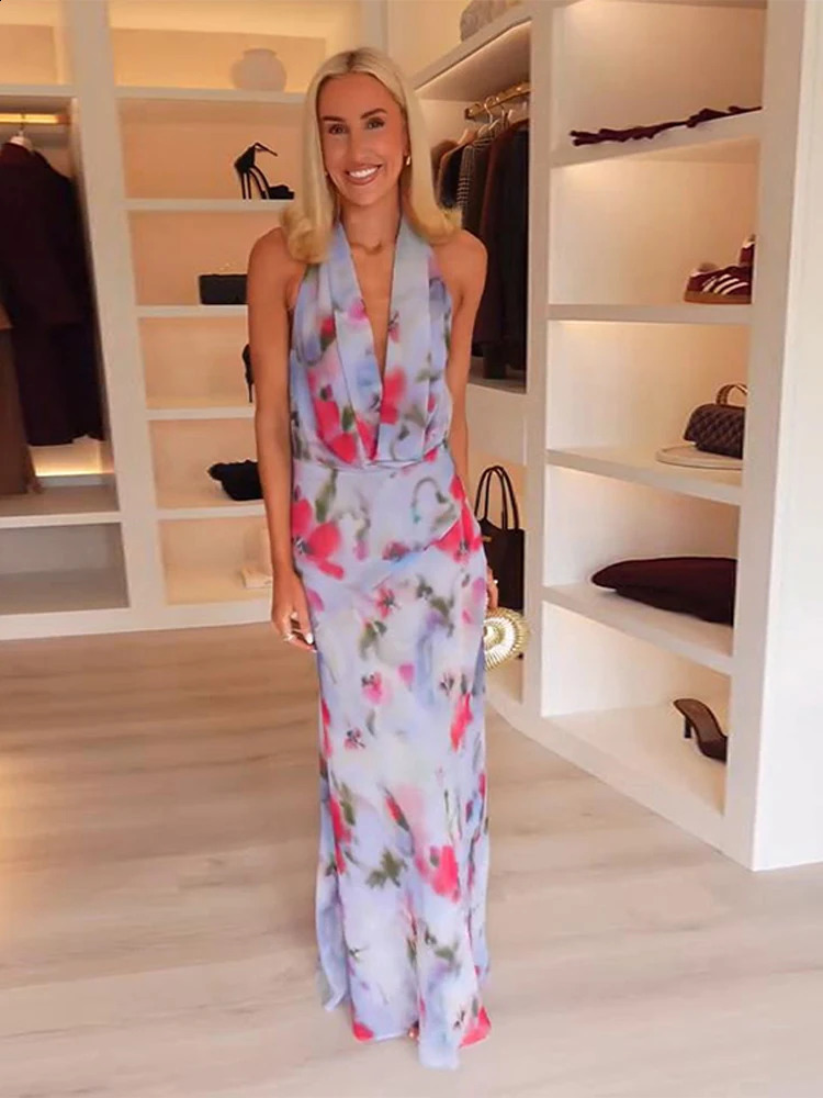 Women Printed Halter Backless Long Dress Off Shoulder Sexy High Waist Vacation Party Lace Up Dresses 2025 Summer Fashion Robe 250327