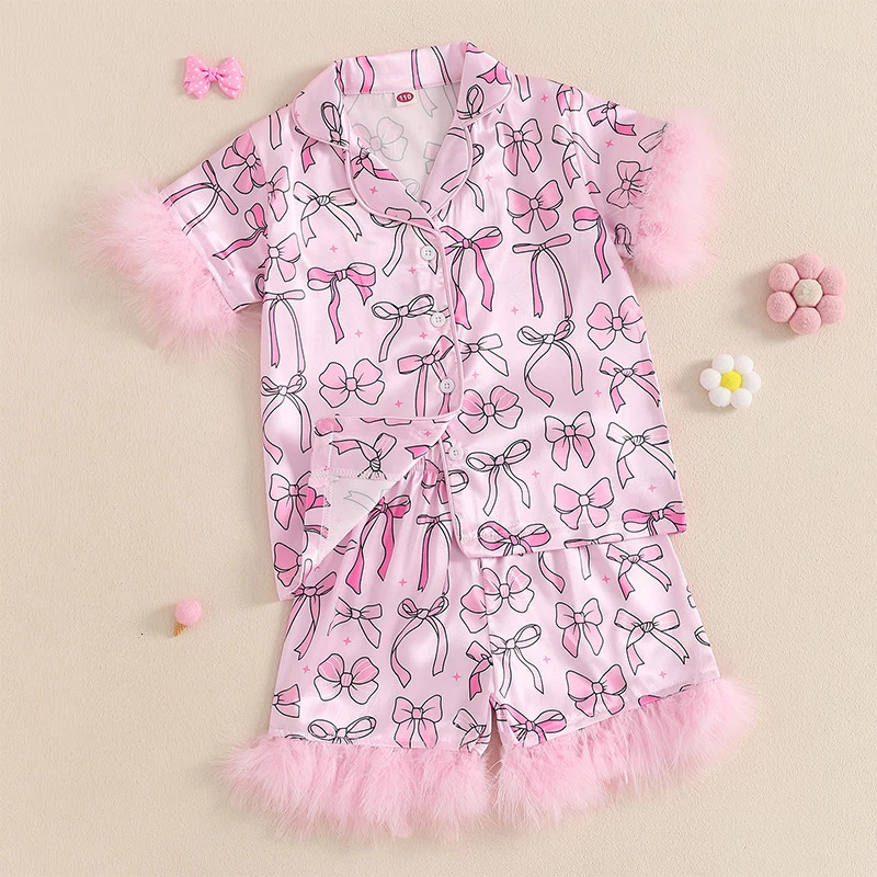 Girls Summer Pajama Set with Cute Bow Print Short Sleeve Shirt and Elastic Waist Shorts for Comfortable Sleepwear Loungewear 250328