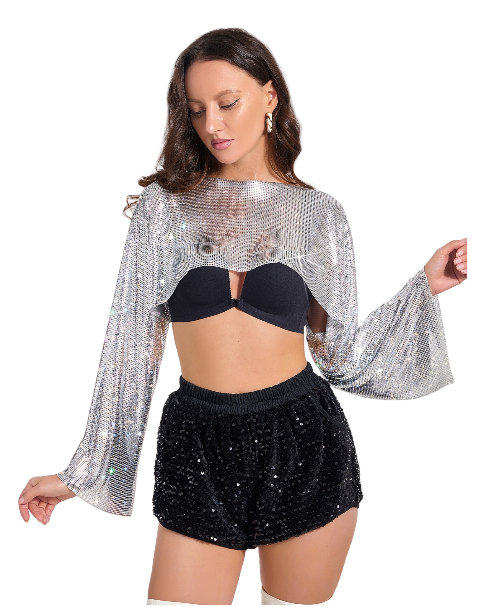 Womens T-Shirt Sequined short shoulder long sleeved jacket with exposed waist and strapless vest sexy womens top