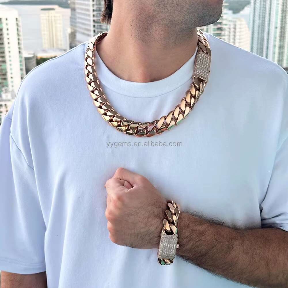 Custom Rose Gold Plated 24MM Wide Miami Cuban Link Chain Solid Silver Men Chain Moissanite Lock Cuban Chain Necklace Jewelry