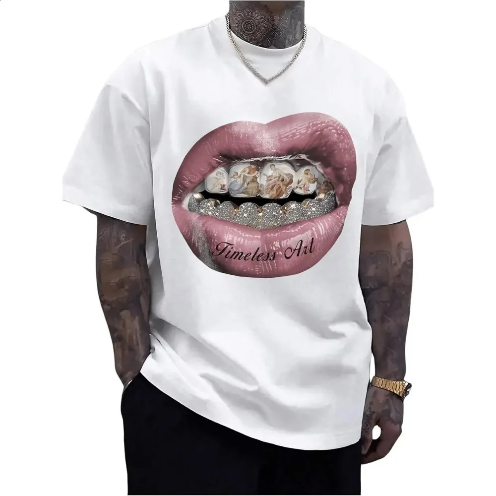 Mens Graphic Tee with Lip Pattern Stylish Short Sleeve Crewneck T-Shirt for Streetwear Enthusiasts men clothing shirts 250327