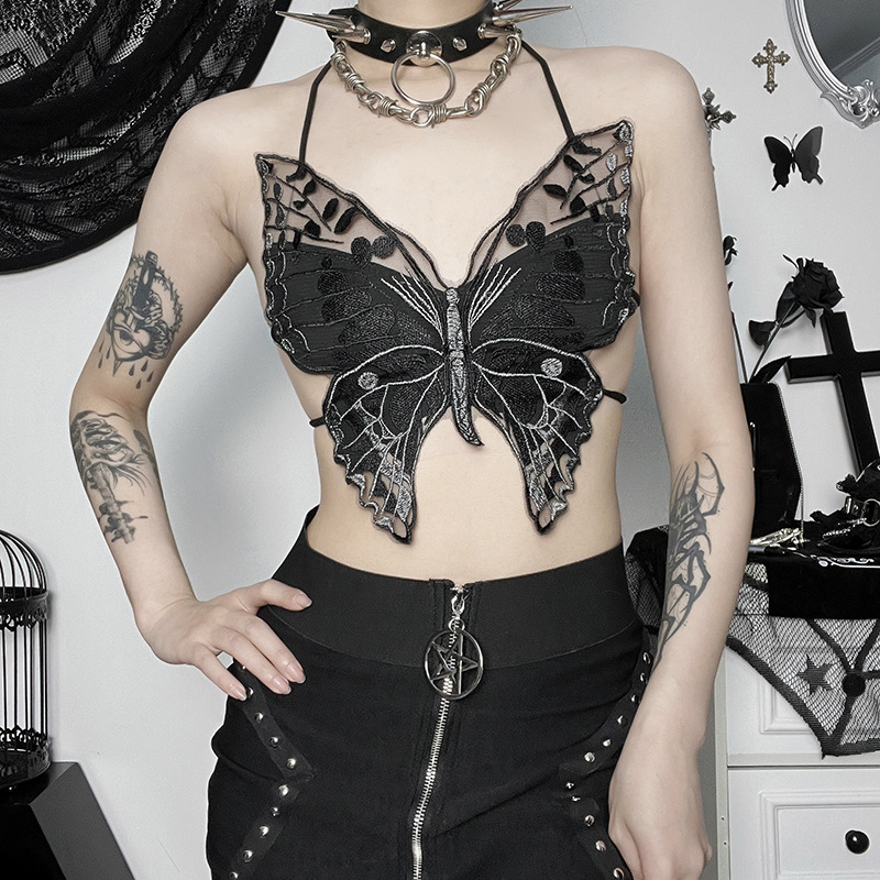 Womens Tanks Camis Gothic Lace Mesh Crop Tops Black Sexy Spaghetti Strap Corset Tops Goth Punk Grunge Fairy Core Halloween Y2K Aesthetic Clothes