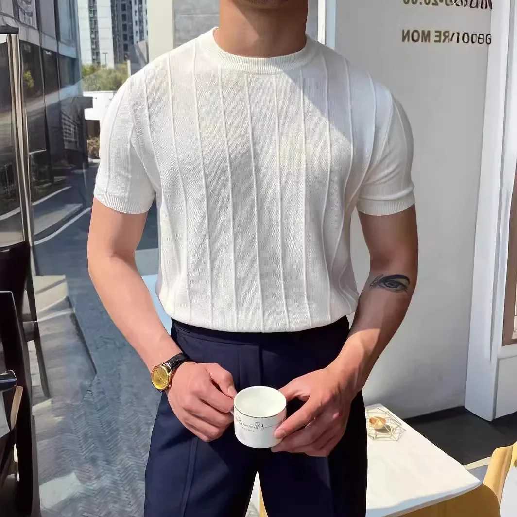 Luxury Knitted T-shirt Mens Summer New Round Neck Short Sleeve Korean Edition Bottom Top KnittedXJ250328