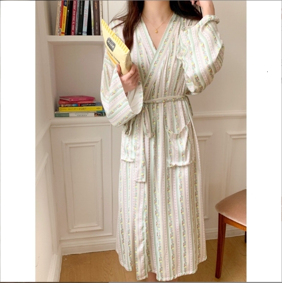 Sleeping Robe Female Ins Early Spring Recommended Striped ral Casual Satin Home Clothing Belt