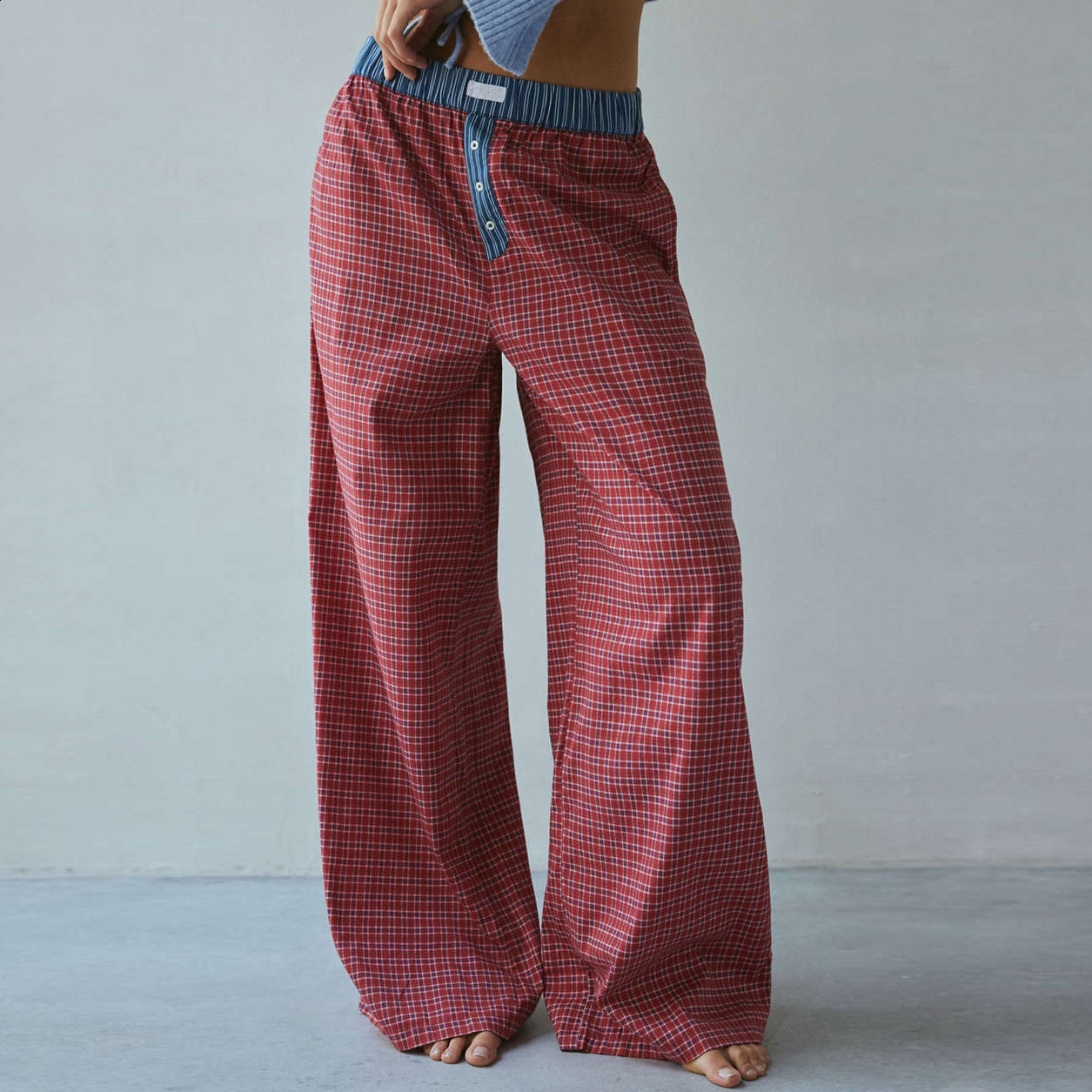 2025 Spring/Summer New Womens Casual Comfortable plaid Pants Straight Leg Wide Leg Pants for Women 250108