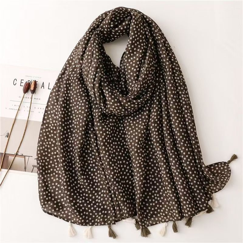 T368 autumn and winter new soft cotton and linen scarf Japanese retro small flower thick warm shawl handmade tassel silk scarf