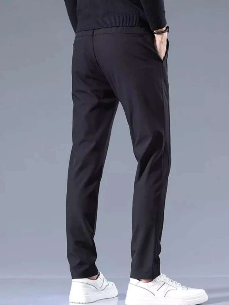 Mens casual pants semi elastic waistband nylon ice silk elastic straight tube light gray business gentleman summer casual 250409