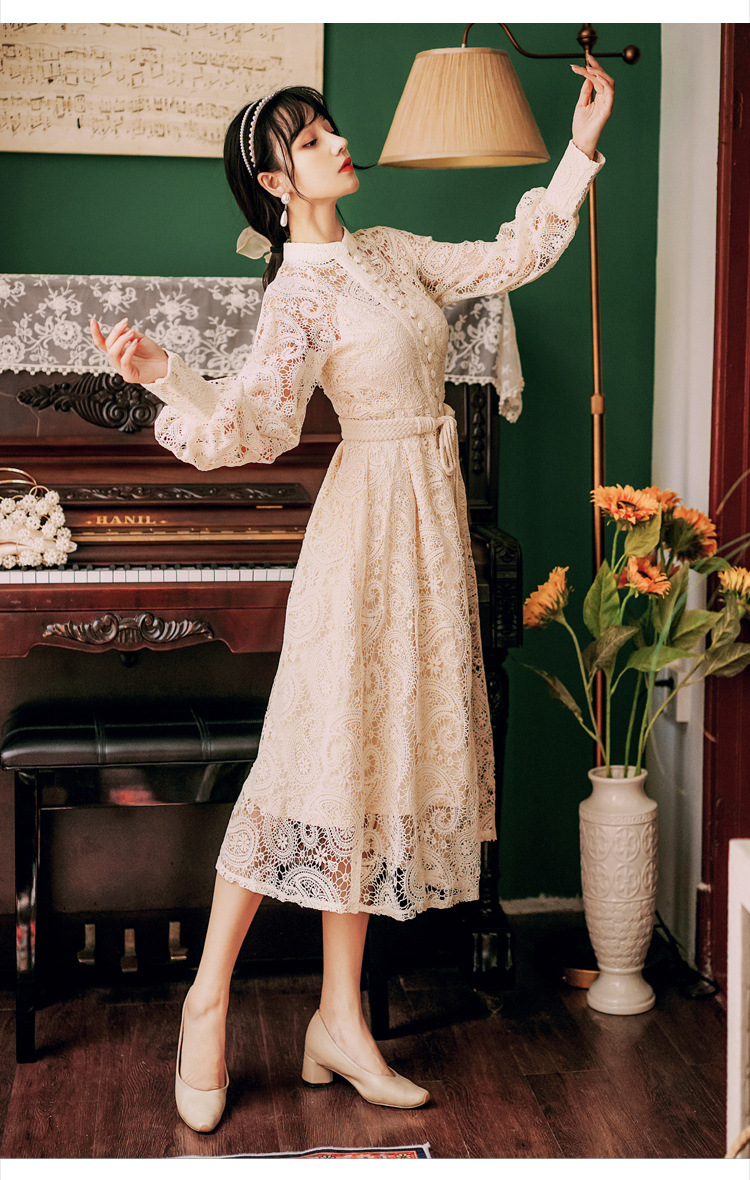 Casual Dresses 2025 Spring/Summer New Fairy Style Lace Hollow Lantern Long Sleeve Slim Tie up Long Dress