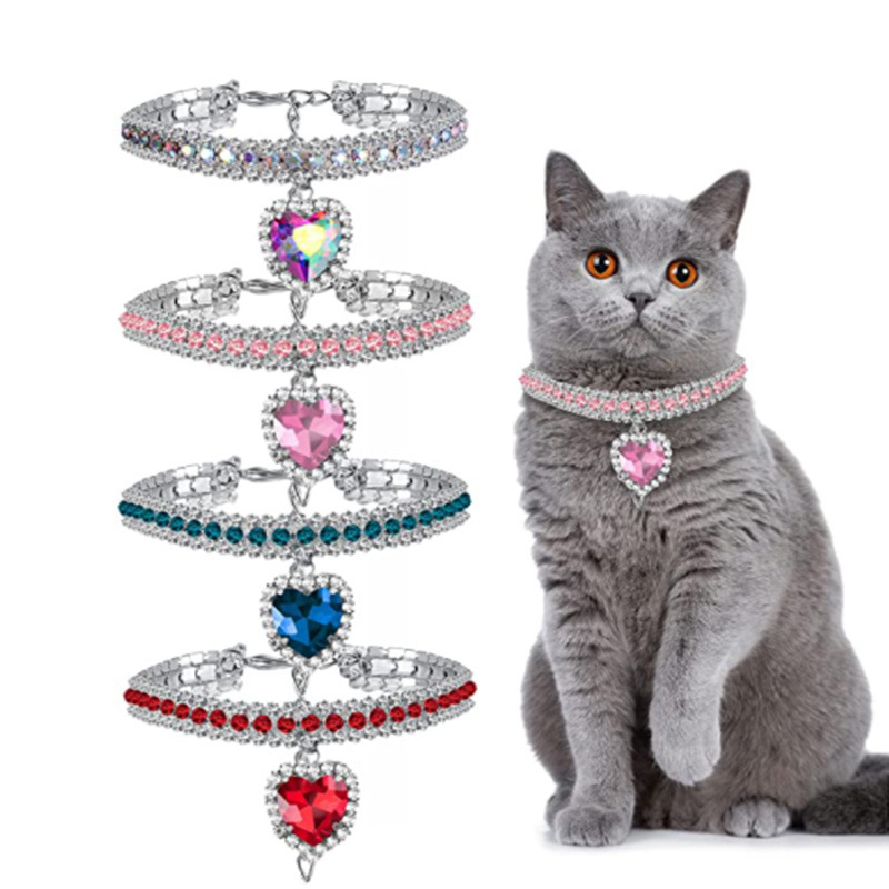 Dog Shiny Rhinestone Cat Heart Dia Jewelry Necklace Pet Bling Princess Collar Puppy Supplies Chihuahua Accessories