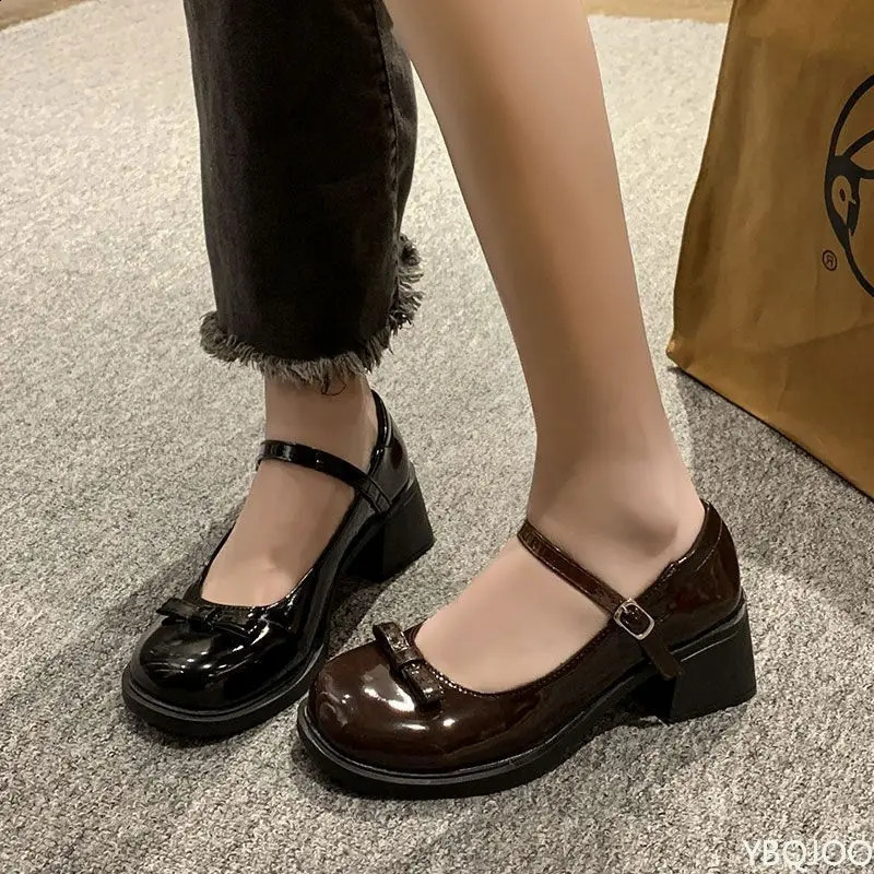 Womens Bow Versatile High Heels Mary Jane Thick soled Leather Shoes Fashionable Elegant Shoes Fashionable Womens Pump Zapatos Mujer 250326