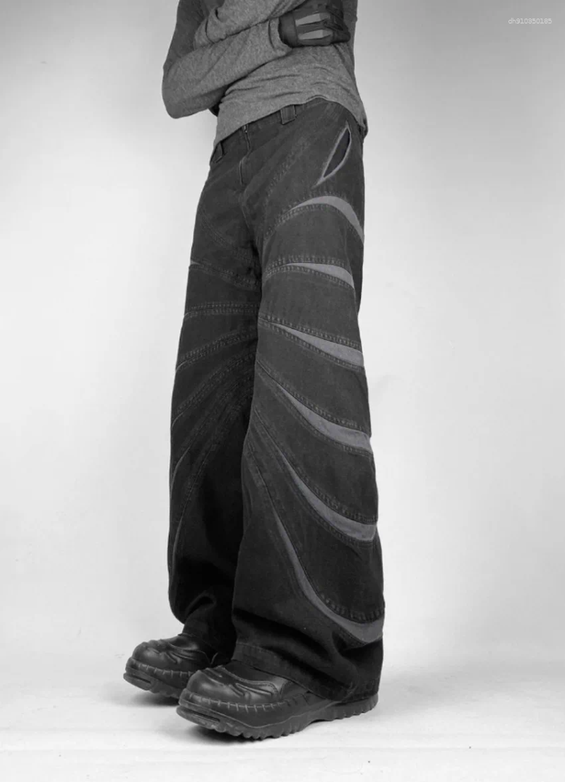 Mens Jeans Y2K American High Street Wave Texture Design Men Retro Old Washed Loose Straight Pants Wide-leg Clothes