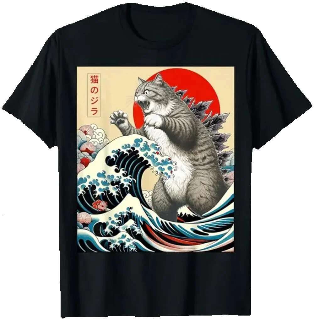 Catzilla Japanese Art Fun Cat Gift Men and Women High Quality Round Neck Short Sleeve 100% Cotton T-shirt Top 50961