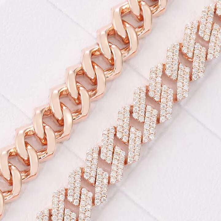 Hip Hop Cuban Chain Pure Silver Plated 18K Gold 8Mm Wide Handmade Insert 2 Rows Rose Gold Pink Moissanite Cuban Link Chain Men