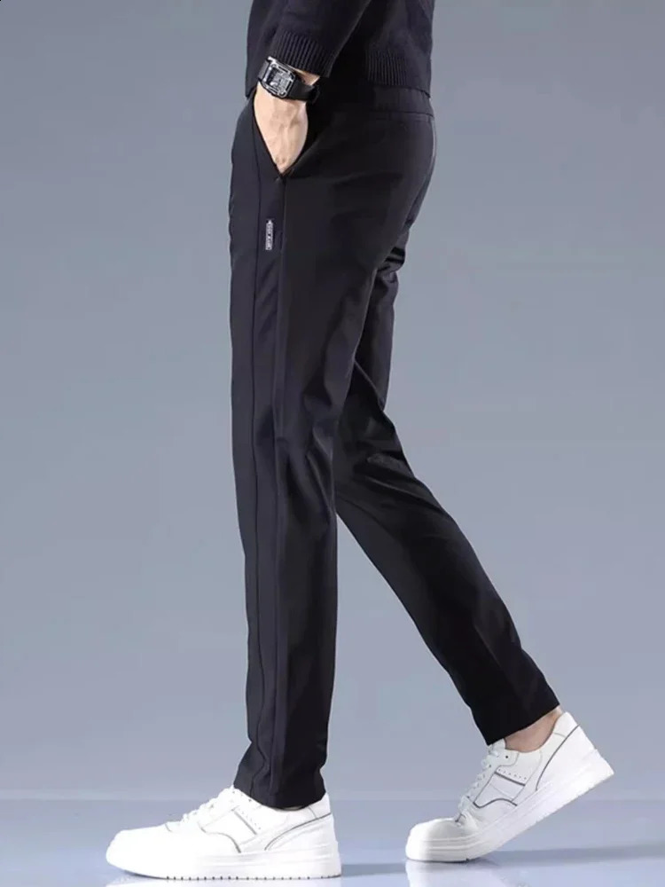 Mens casual pants semi elastic waistband nylon ice silk elastic straight tube light gray business gentleman summer casual 250409