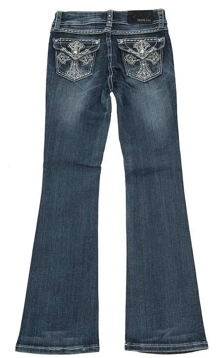 Y2k Retro Gothic High Waited Hot Dia Embroidery Pattern Blue Woman Hip Micro Horn Baggy Jeans Street Clothing