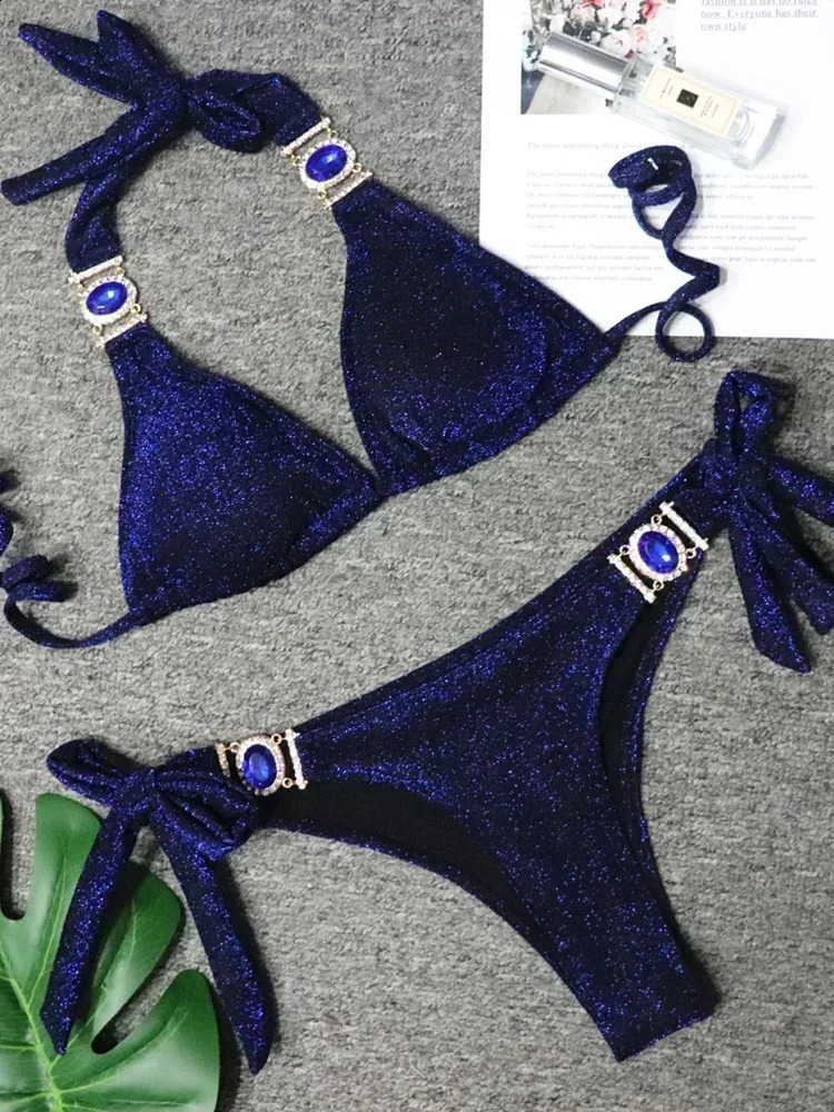 2025 Shiny Rhinestone Diamond Bikini Women Swimsuit Female Swimwear Two Pieces Bikini Set Halter Metal Chains Bathing Suit Swim 250324