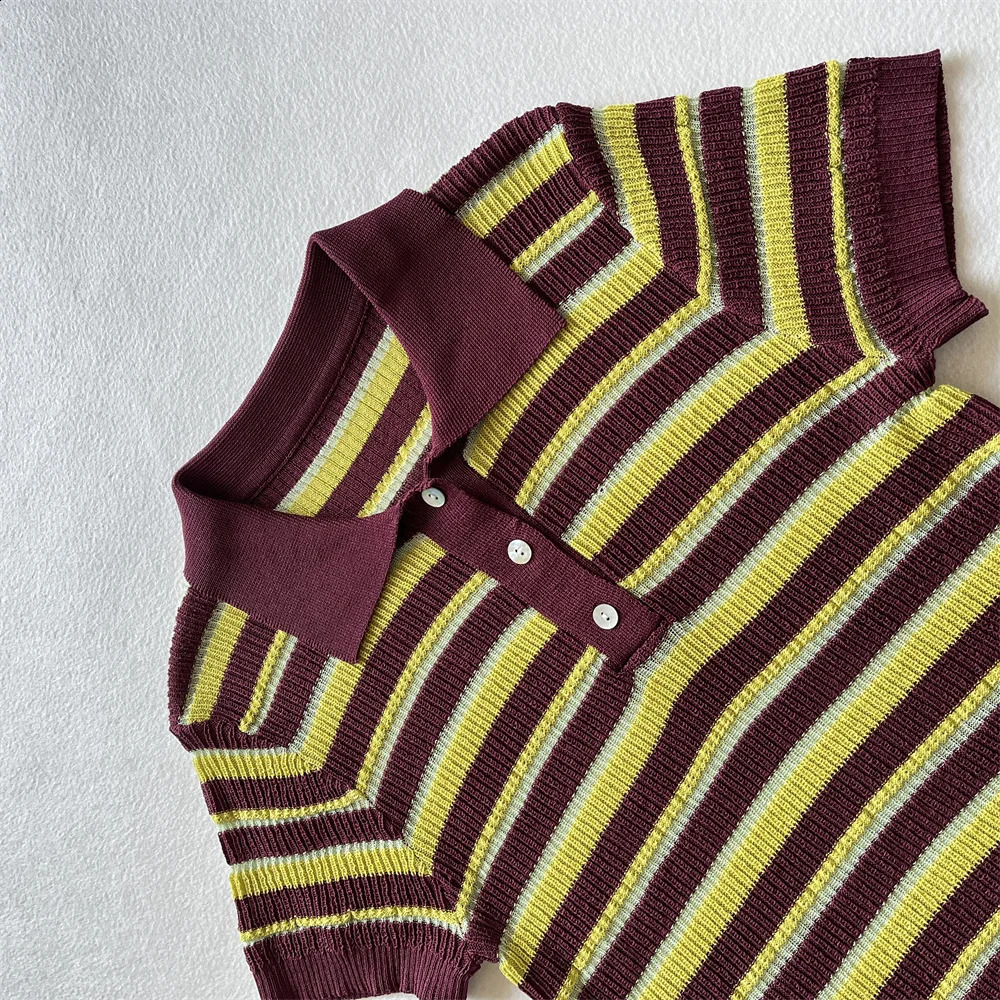 2025 Spring/Summer Product Fashion Womens Wear Color Contrasting Stripe POLO Collar Short Sleeve Knitted Shirt Casual Versa 250328