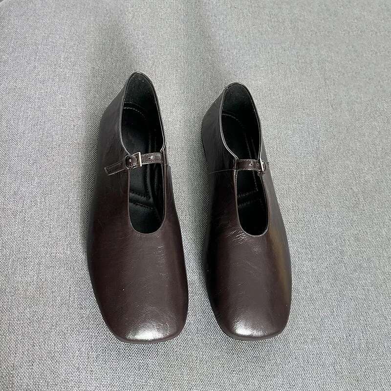 Casual Sneakers Woman Top-Grain Leather Brown Square-toed Single-bar Buckle Soft Sole Low-cut Ballet Flats For Spring And Autumn