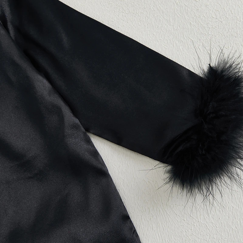 Children Kids Baby Girls Satin Pyjamas Set Baby Sleepwear Pijama Solid Feather Trim Long Sleeve Shirts Pants Pajamas Loungewear 250328