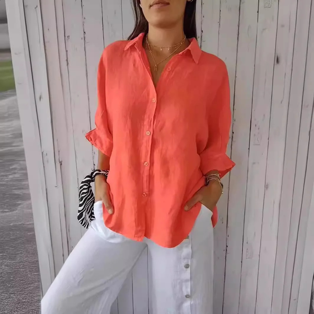 Summer Casual Cotton Linen Button Shirt Women Fashion Loose Solid Lapel Cotton Office Linen Shirt Women Top Retro 2025 White 250327