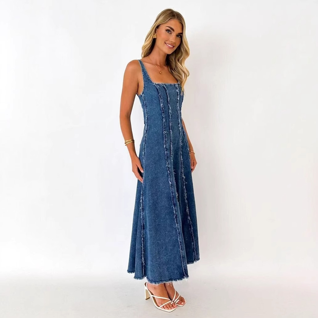 D42110 High Quality Women's Temperament Slim Denim Dress Retro Style Long Swing Suspender Dress