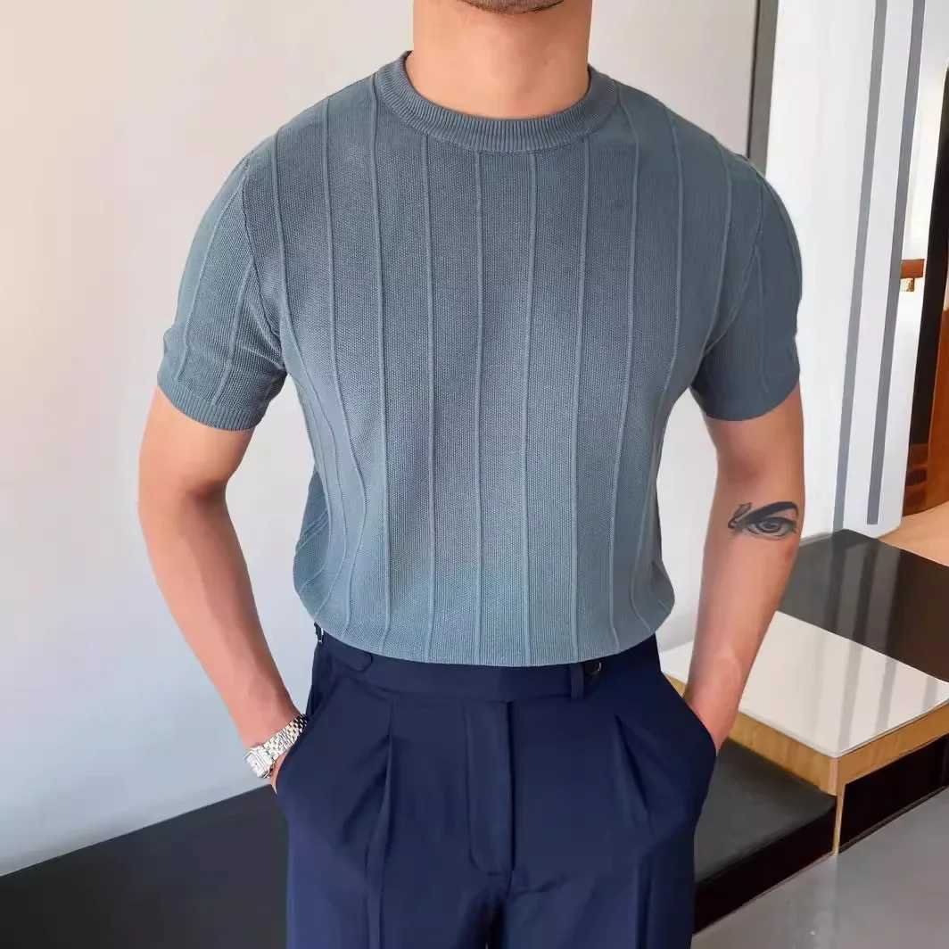 Luxury Knitted T-shirt Mens Summer New Round Neck Short Sleeve Korean Edition Bottom Top KnittedXJ250328