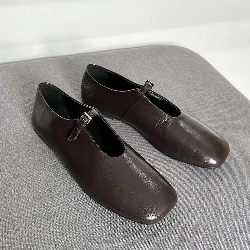 Casual Sneakers Woman Top-Grain Leather Brown Square-toed Single-bar Buckle Soft Sole Low-cut Ballet Flats For Spring And Autumn