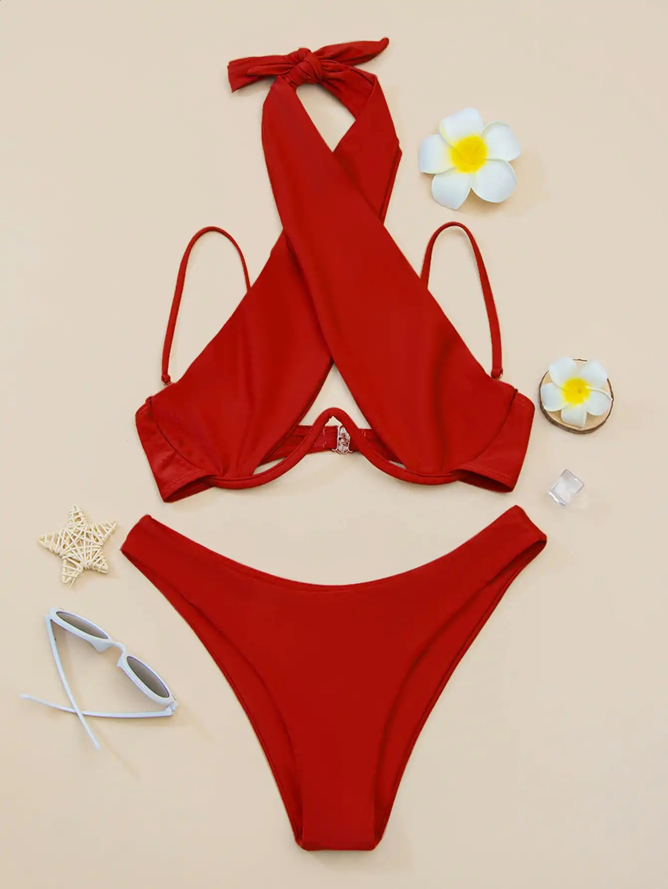 Cross Halter Underwire Bikini Womens Solid Push Up Swimsuit Bathroom Summer Beach Wear 250327