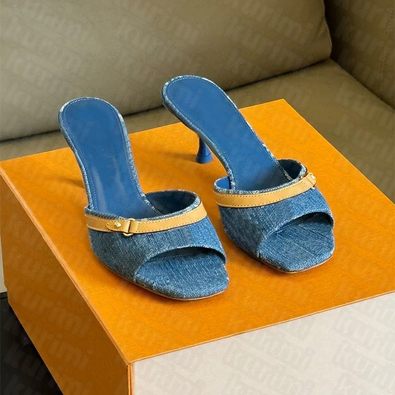 Neo Revival Mule Women Vintage Shoes Blue Denim Slide Sandals Designer Heels Kitten High Heels Slides Slippers Summer Beach Sandal Open Peep Toe Mules Shoes
