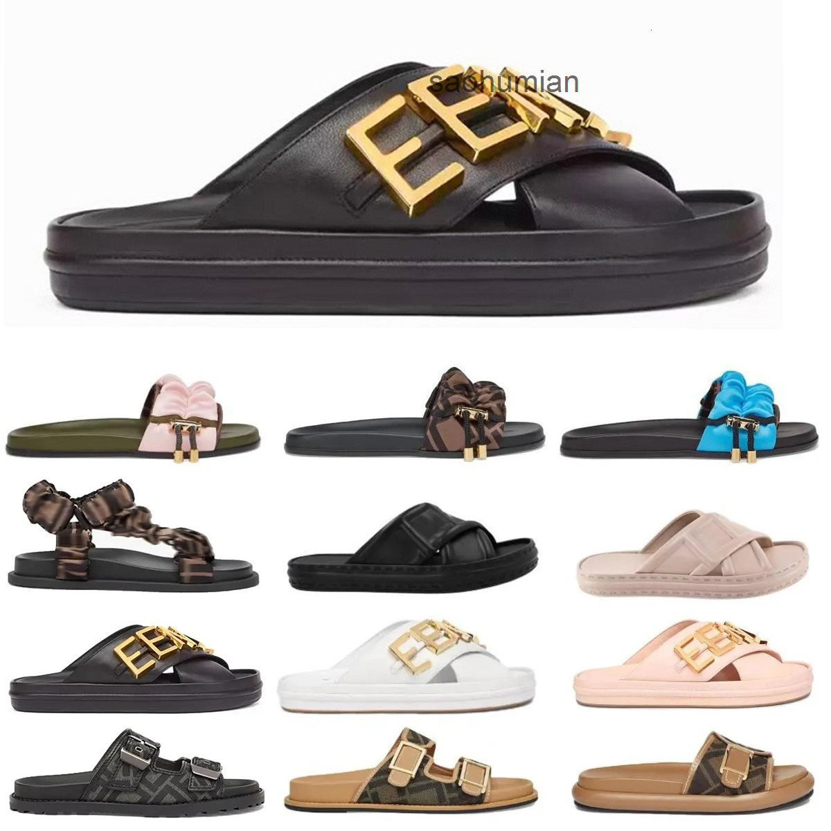 Men Women Designer Slippers Slides Brand Sandals Lady Black White Pink Colorful Canvas Letter Anatomic Leather Summer Beach Flat Fl ff fen fendyly feendi fenndi 4PAL